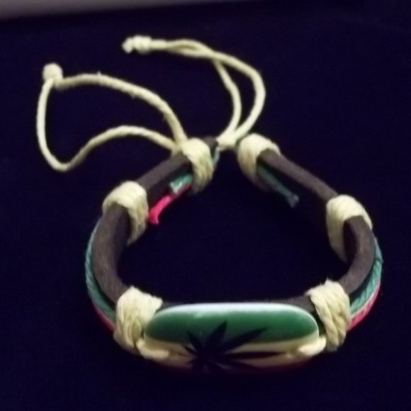 *5/35*  Genuine Leather and Hemp Cord Rasta Bracelet - Picture 3 of 4